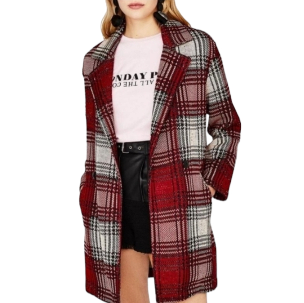 Bershka Women's Plaid Jacket Jersey Lined Red Cream Black Size XS / S